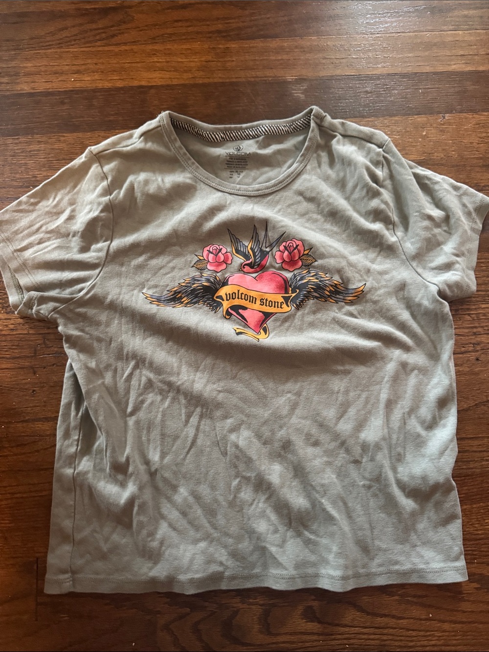 Volcom Women's Short Sleeve Tee in Light Gray with Red Heart Graphic